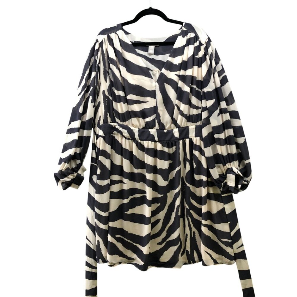 H&M Long Sleeve Dress Womens XXL‎ Ivory Black Zebra Print A-Line Knee Length